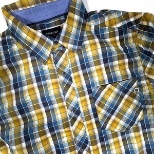 Marmot Short Sleeve Button-Up Shirt Men's M Gold Blue Plaid Performance Outdoors